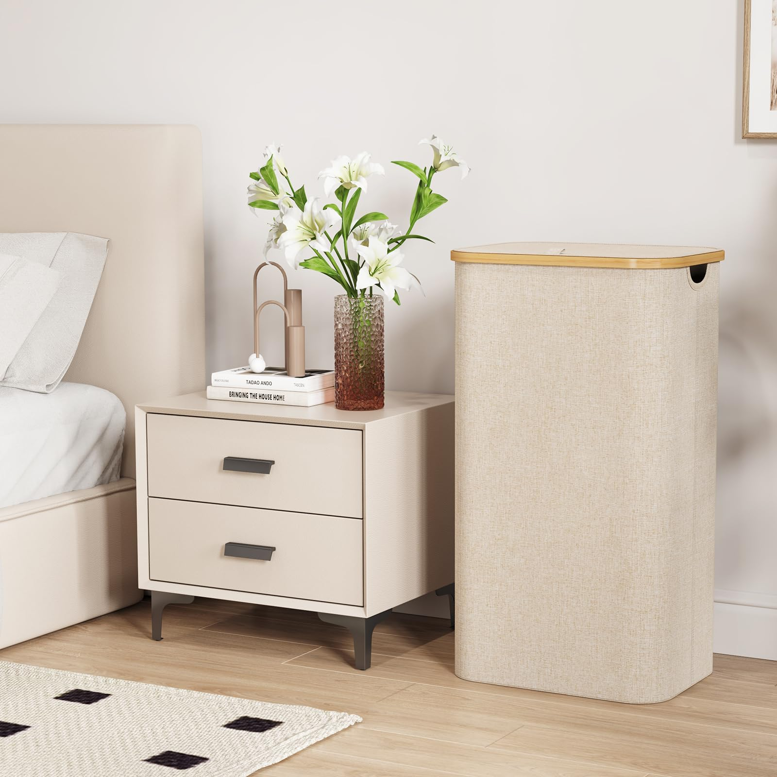 Elmio-ランドリーボックスランドリーバスケット 蓋付き 竹製ハンドルと取り外し可能なバッグ付き 洗濯用衣類かご 寝室、浴室、寮、洗濯室用の大型折りたたみ式ランドリーかご ベージュ