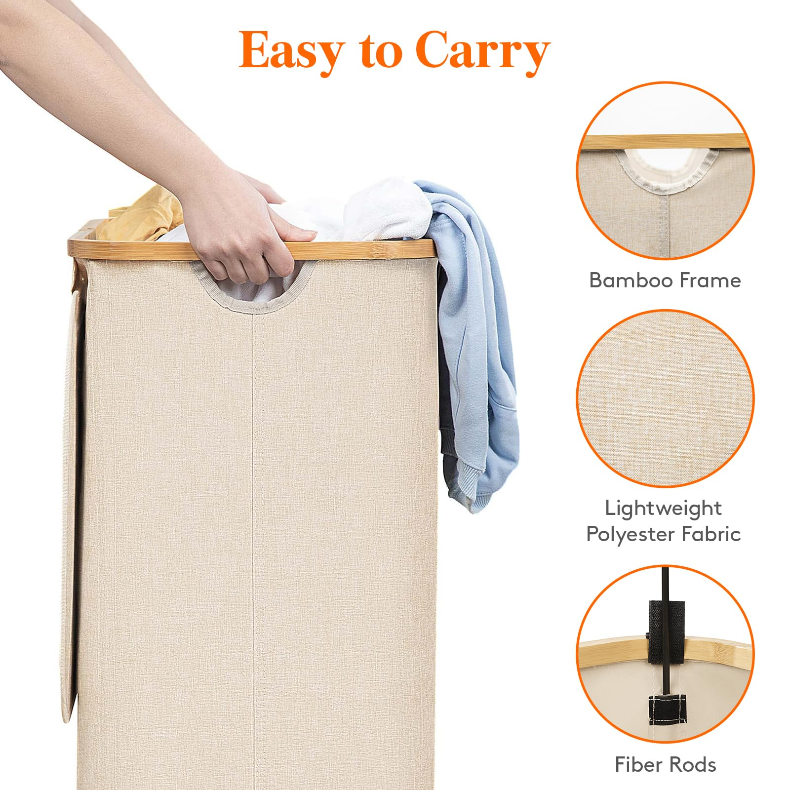 Elmio-ランドリーボックスランドリーバスケット 蓋付き 竹製ハンドルと取り外し可能なバッグ付き 洗濯用衣類かご 寝室、浴室、寮、洗濯室用の大型折りたたみ式ランドリーかご ベージュ