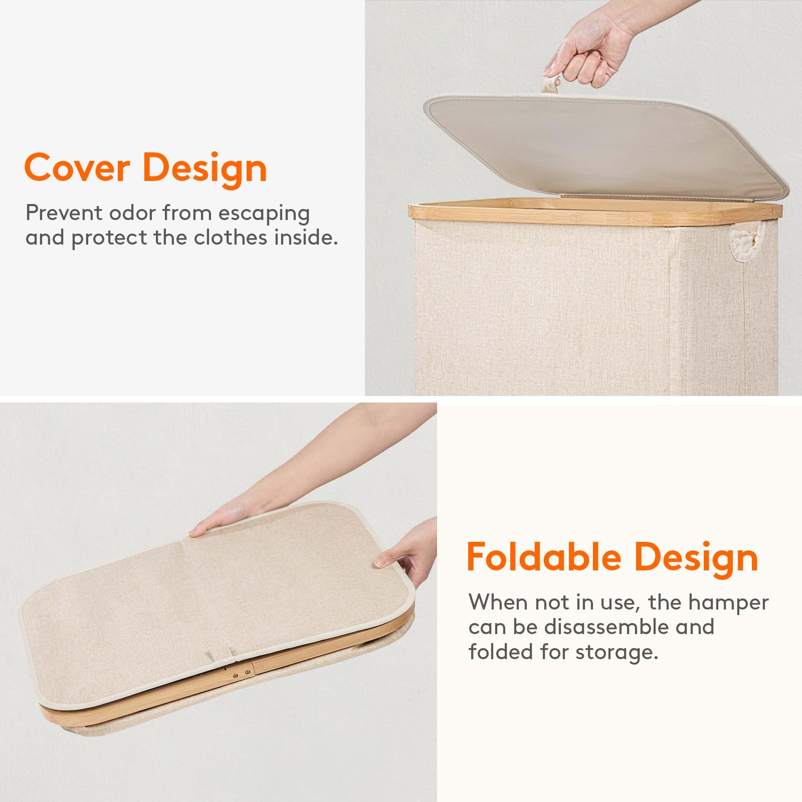 Elmio-ランドリーボックスランドリーバスケット 蓋付き 竹製ハンドルと取り外し可能なバッグ付き 洗濯用衣類かご 寝室、浴室、寮、洗濯室用の大型折りたたみ式ランドリーかご ベージュ