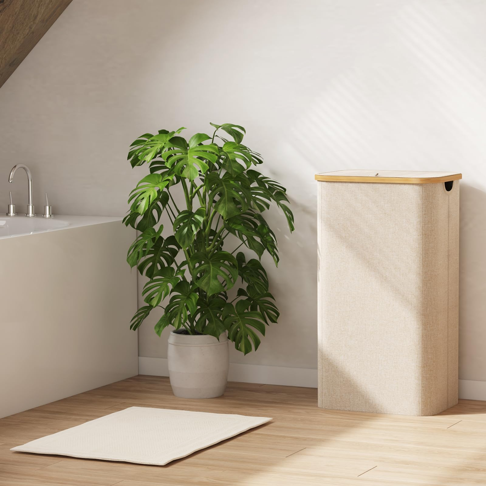 Elmio-ランドリーボックスランドリーバスケット 蓋付き 竹製ハンドルと取り外し可能なバッグ付き 洗濯用衣類かご 寝室、浴室、寮、洗濯室用の大型折りたたみ式ランドリーかご ベージュ