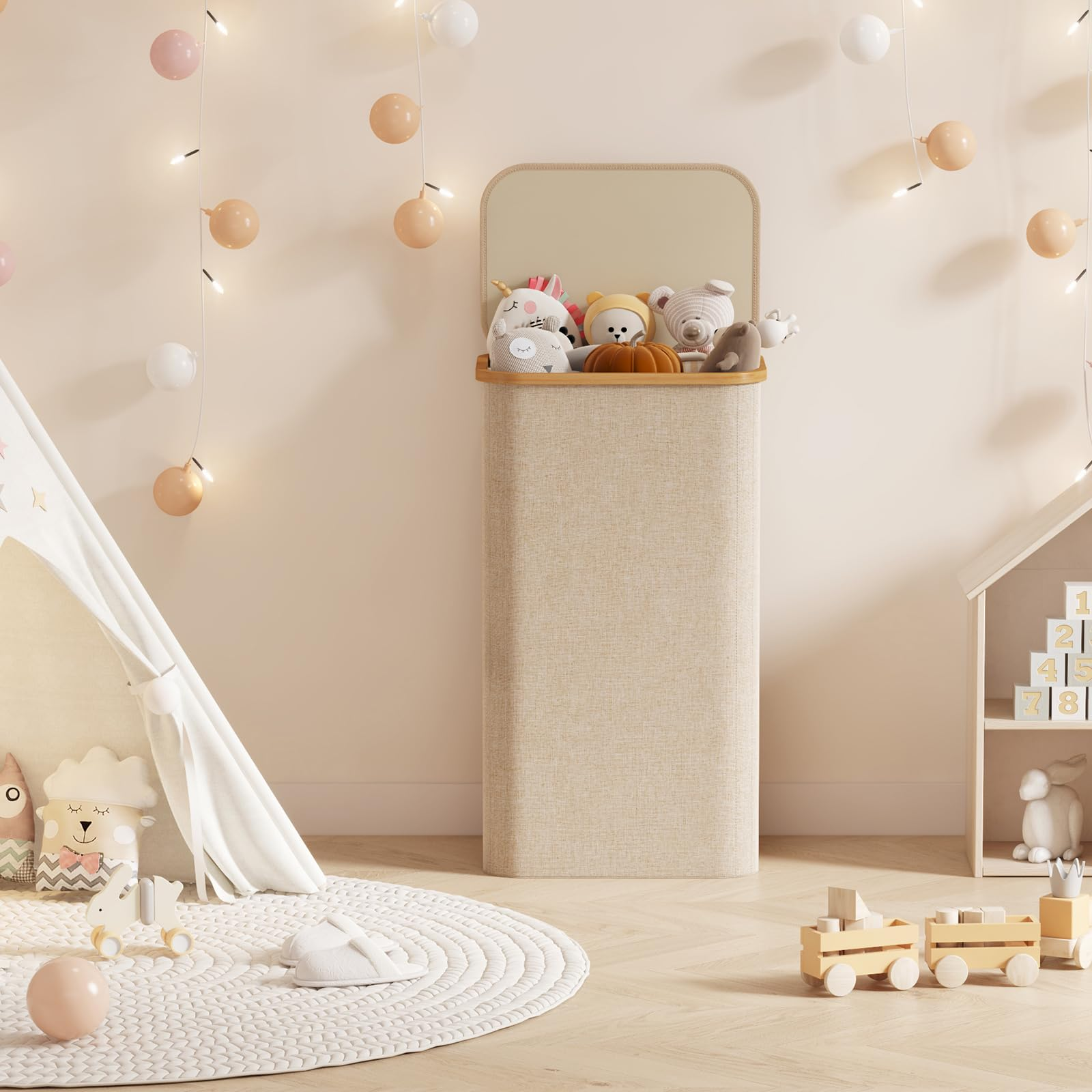 Elmio-ランドリーボックスランドリーバスケット 蓋付き 竹製ハンドルと取り外し可能なバッグ付き 洗濯用衣類かご 寝室、浴室、寮、洗濯室用の大型折りたたみ式ランドリーかご ベージュ